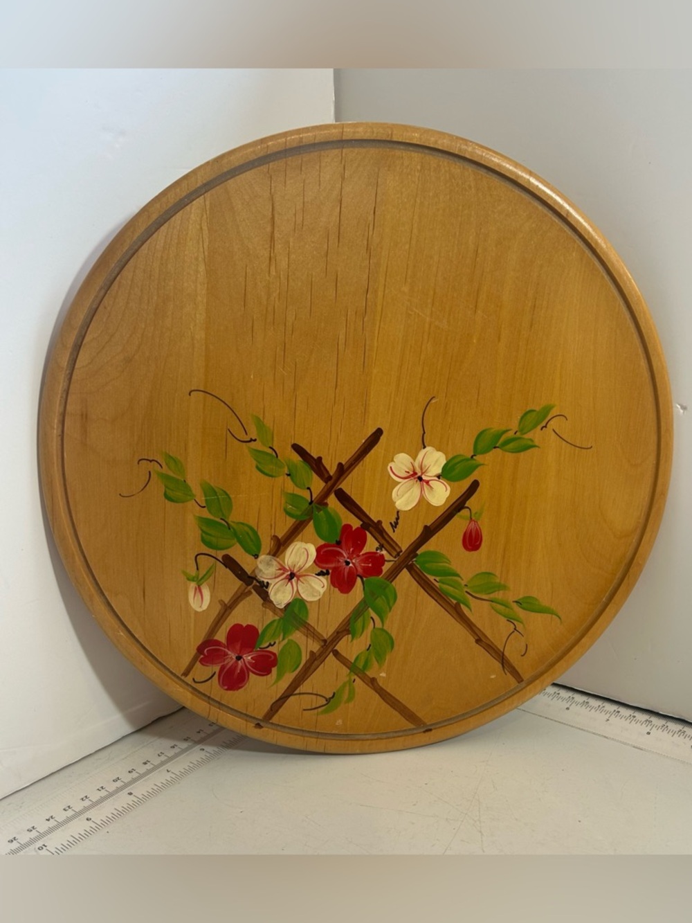 Vintage hand painted‎ wooden circular round wooden tray